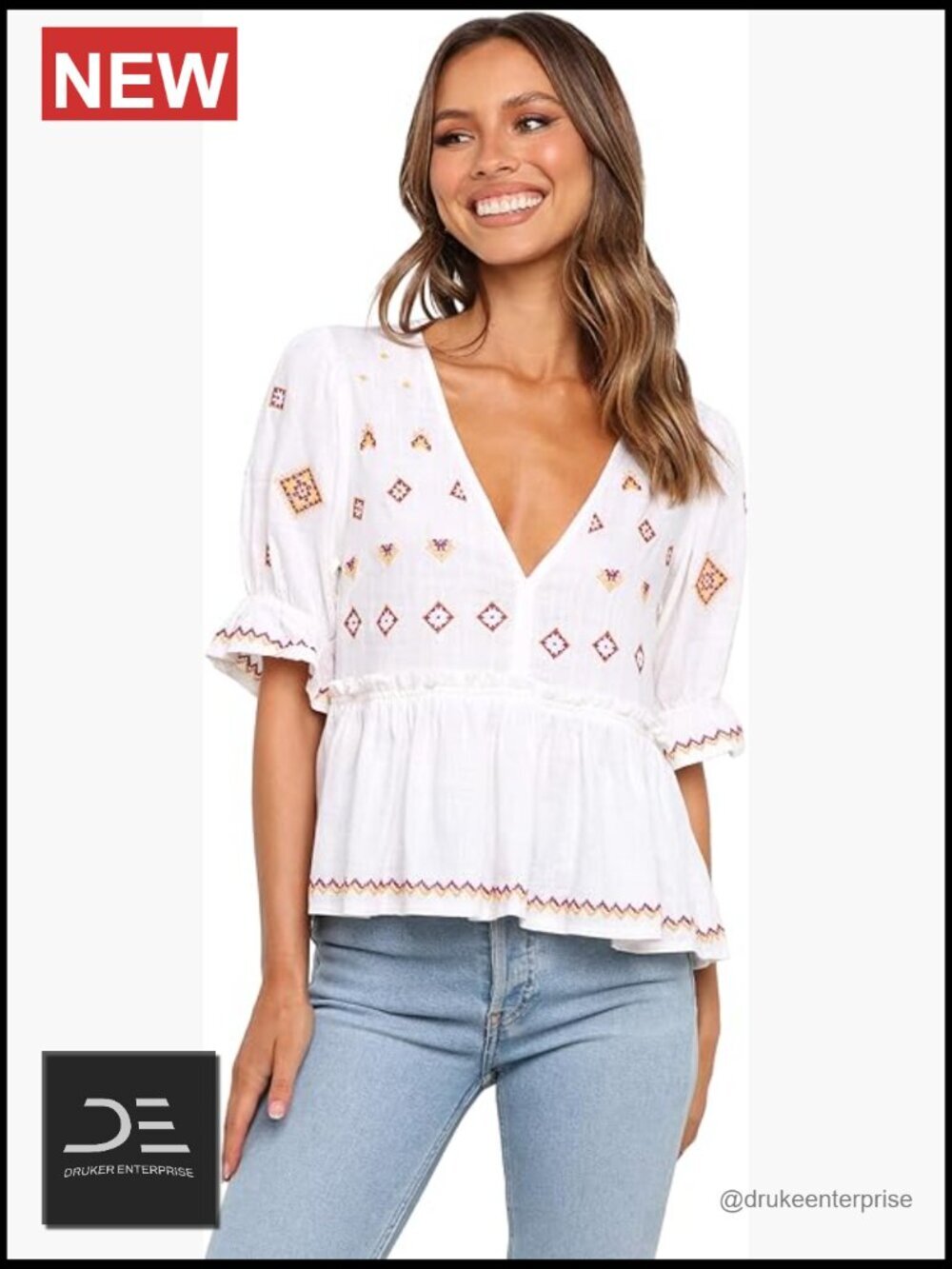 V-Neck Peasant Top with Ruffle Cuffs & Geometric Pattern